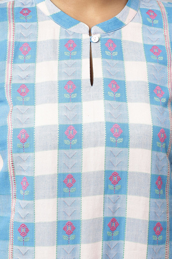 Blue Checkered Printed Lace Cotton Rayon Straight Kurta with Tights Set