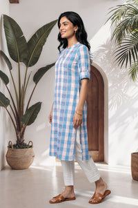 Blue Checkered Printed Lace Cotton Rayon Straight Kurta with Tights Set
