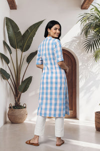 Blue Checkered Printed Lace Cotton Rayon Straight Kurta with Tights Set