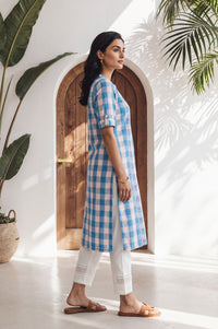 Blue Checkered Printed Lace Cotton Rayon Straight Kurta with Tights Set