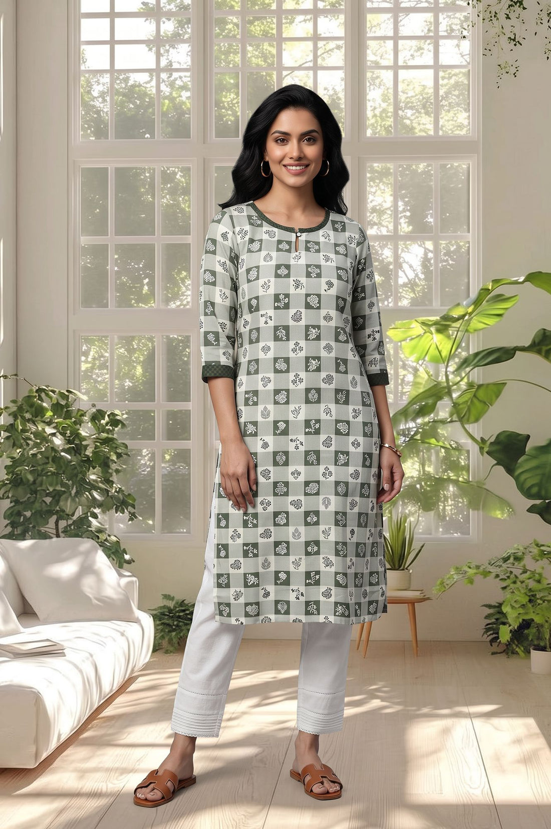 Green Checkered Printed Straight Kurta with Trousers Set