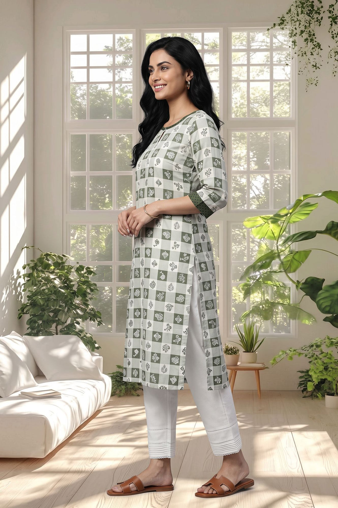Green Checkered Printed Straight Kurta with Trousers Set