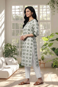 Green Checkered Printed Straight Kurta with Trousers Set