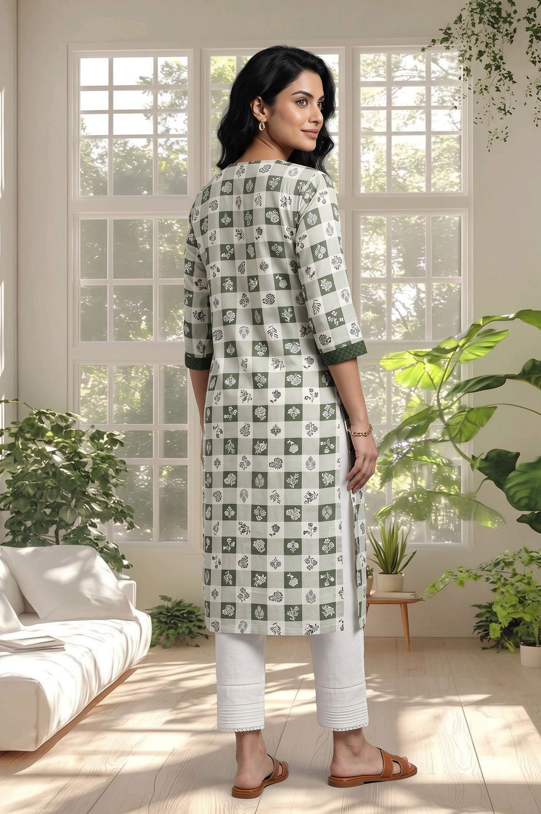 Green Checkered Printed Straight Kurta with Trousers Set
