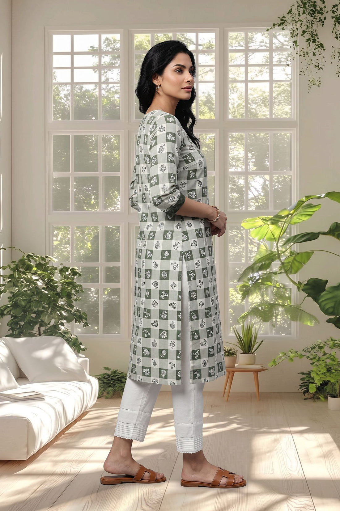 Green Checkered Printed Straight Kurta with Trousers Set