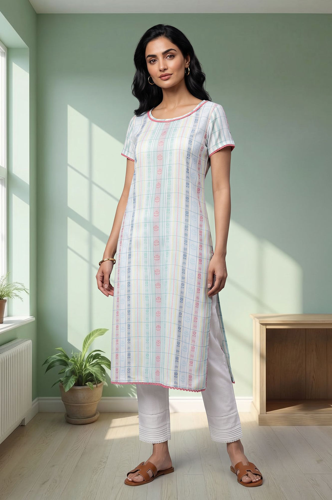 White Yarn Dyed Checkered Lace Straight Kurta with Trouser Set