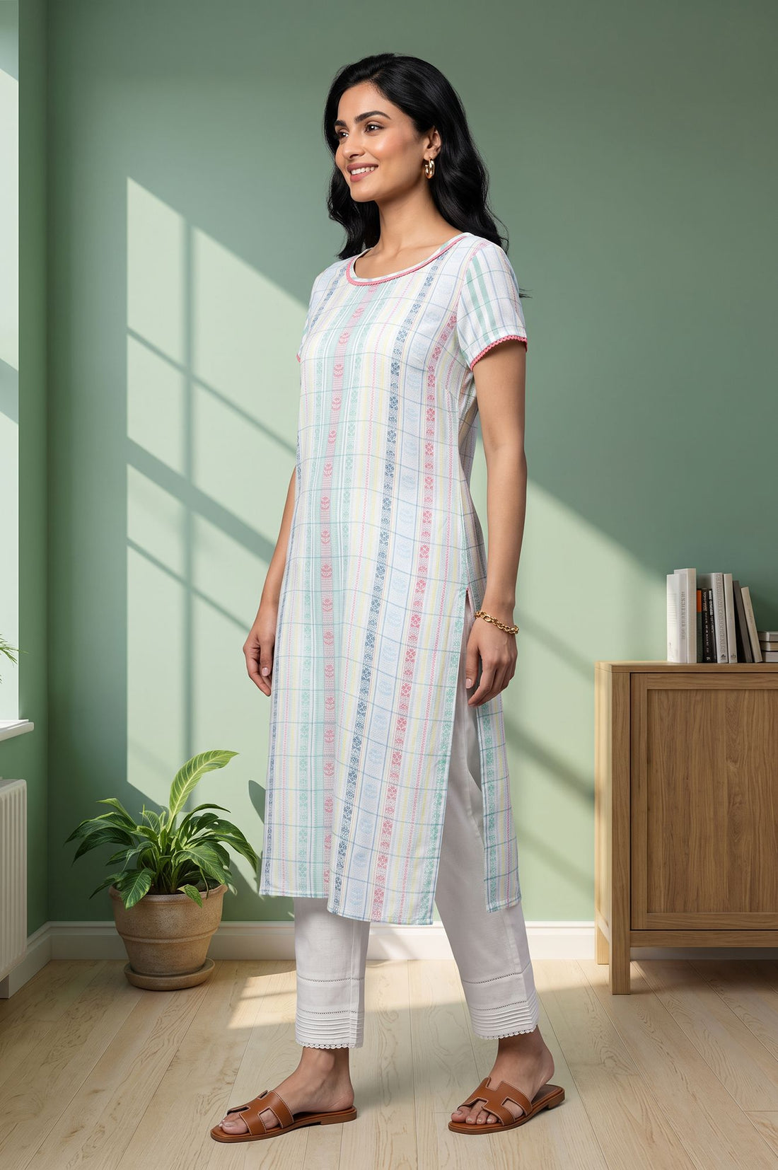 White Yarn Dyed Checkered Lace Straight Kurta with Trouser Set