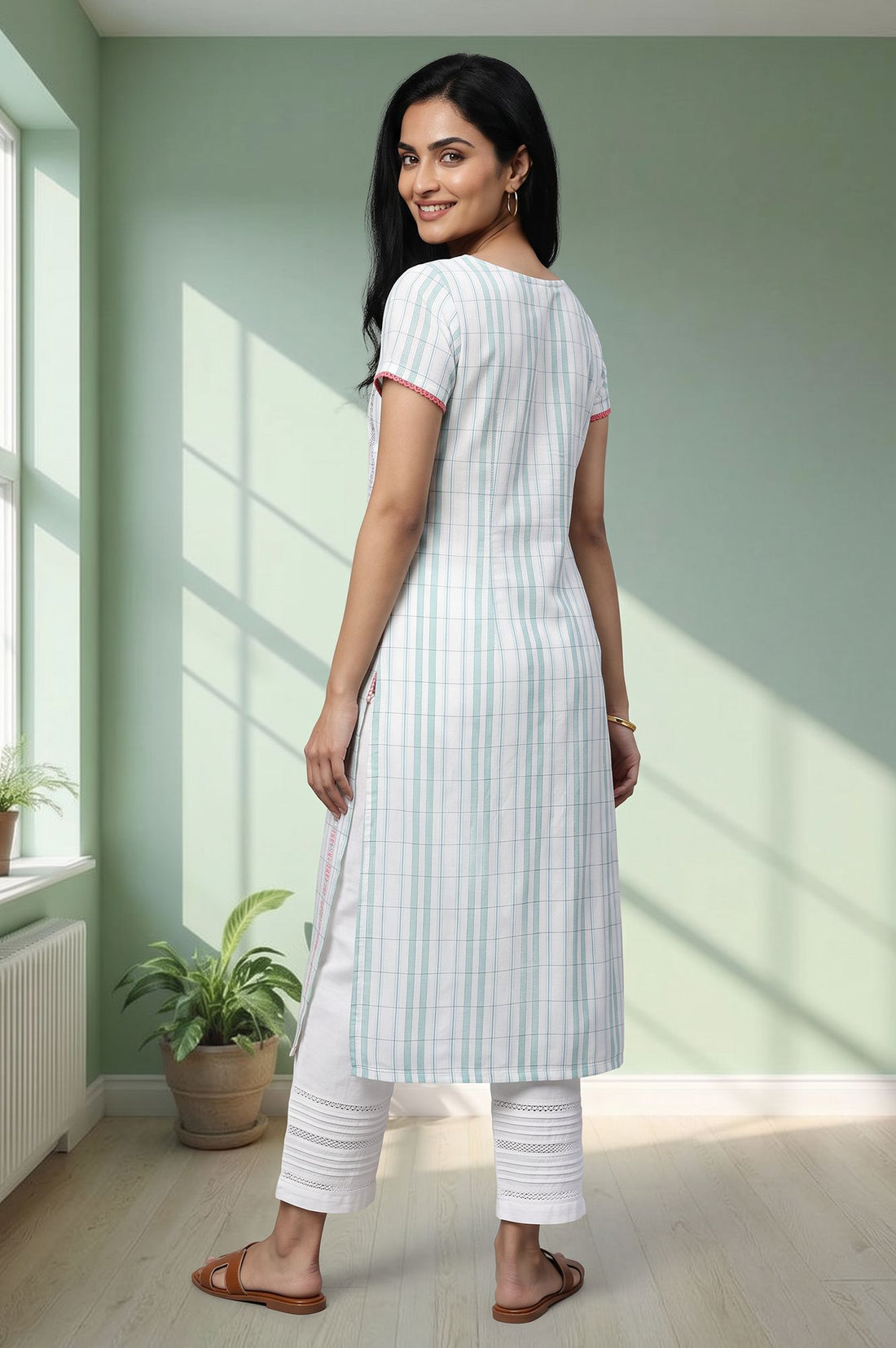 White Yarn Dyed Checkered Lace Straight Kurta with Trouser Set