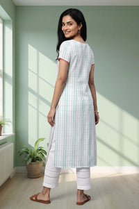White Yarn Dyed Checkered Lace Straight Kurta with Trouser Set