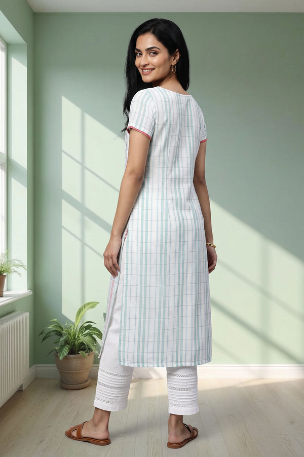 White Yarn Dyed Checkered Lace Straight Kurta with Trouser Set
