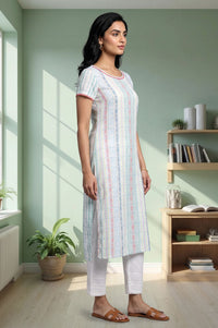 White Yarn Dyed Checkered Lace Straight Kurta with Trouser Set