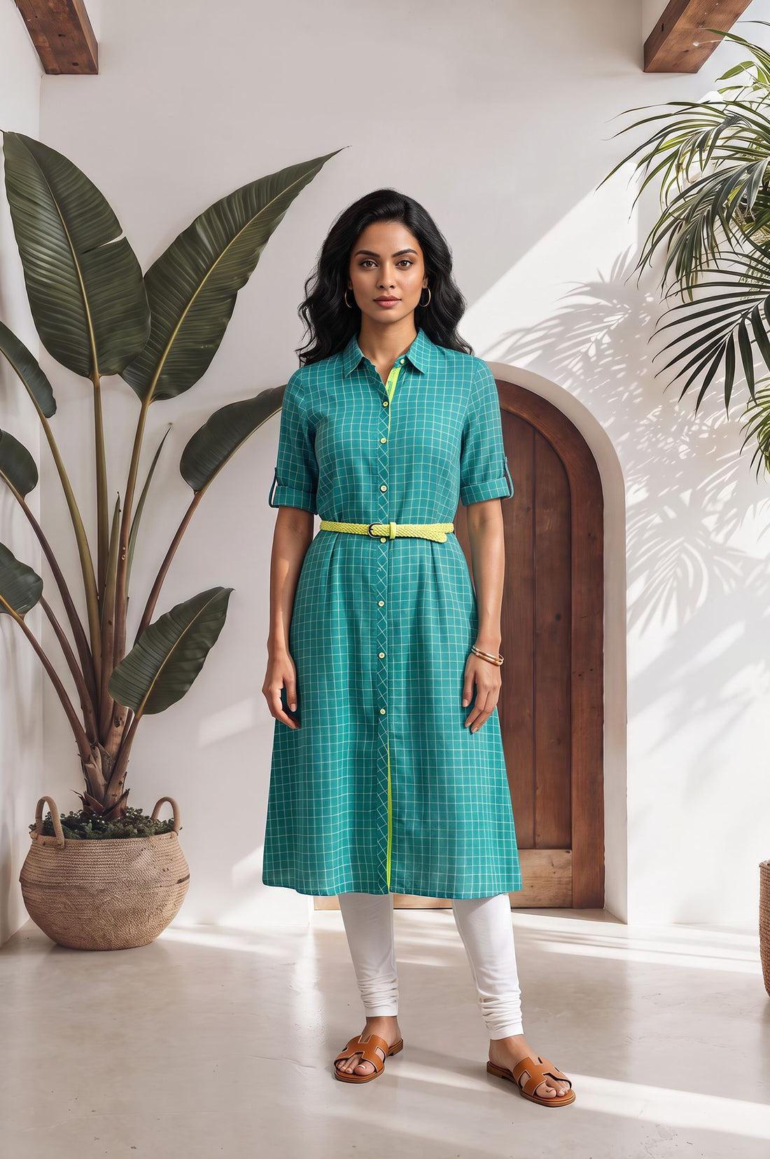 Teal Checkered Pure Cotton Straight Kurta with Churidar Set