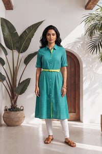 Teal Checkered Pure Cotton Straight Kurta with Churidar Set