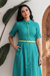 Teal Checkered Pure Cotton Straight Kurta with Churidar Set