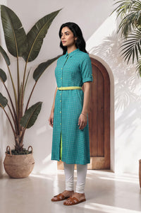 Teal Checkered Pure Cotton Straight Kurta with Churidar Set