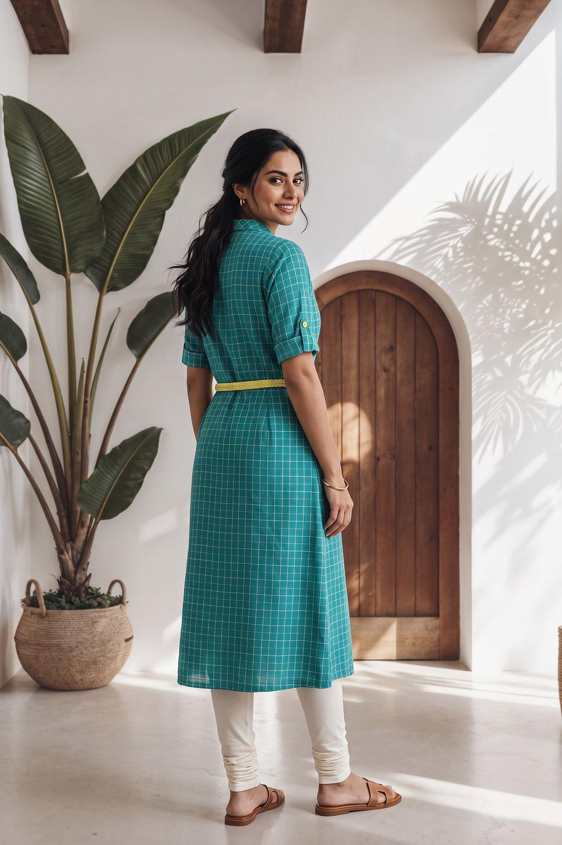 Teal Checkered Pure Cotton Straight Kurta with Churidar Set