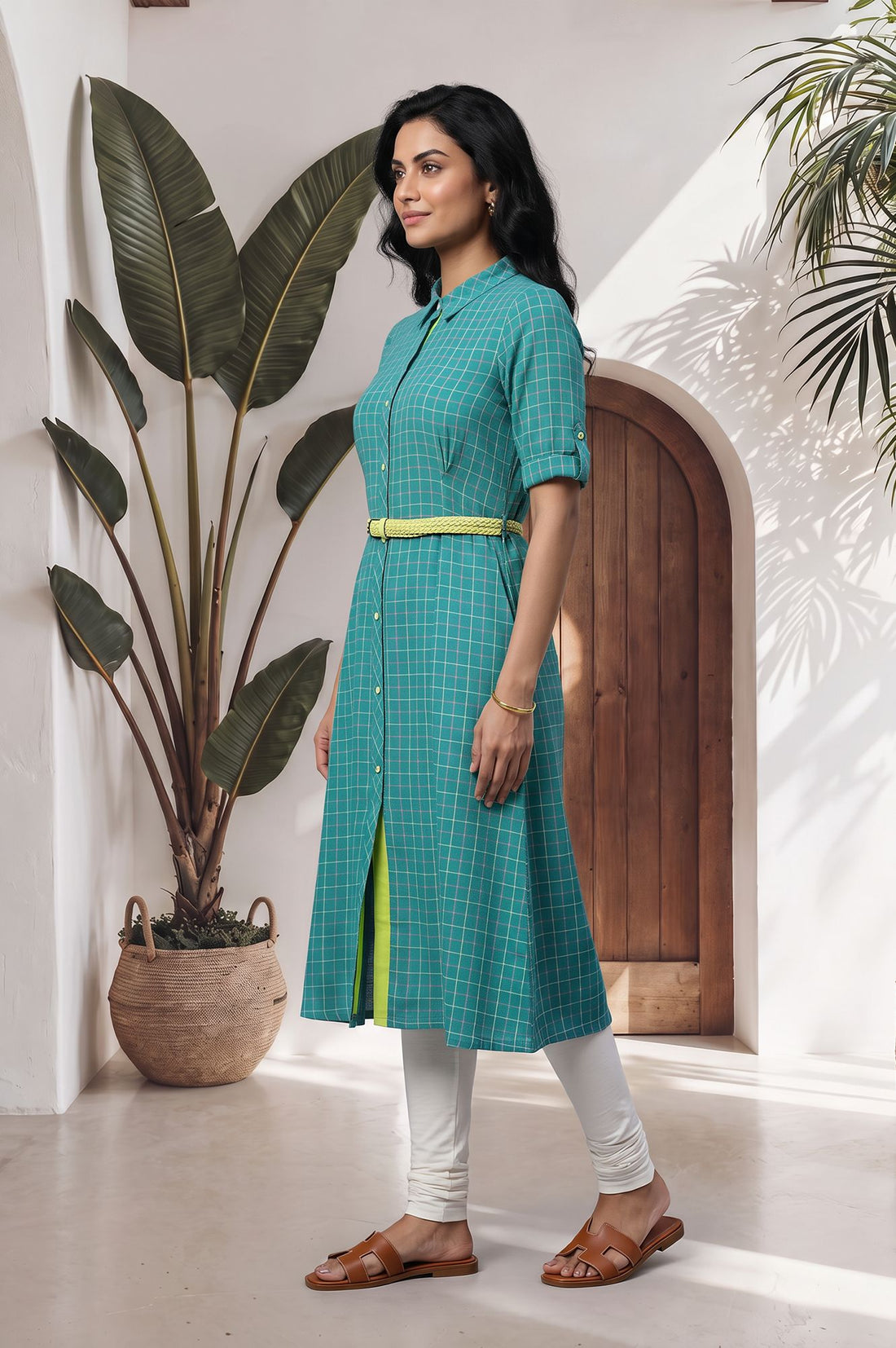Teal Checkered Pure Cotton Straight Kurta with Churidar Set