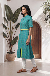 Teal Checkered Pure Cotton Straight Kurta with Churidar Set
