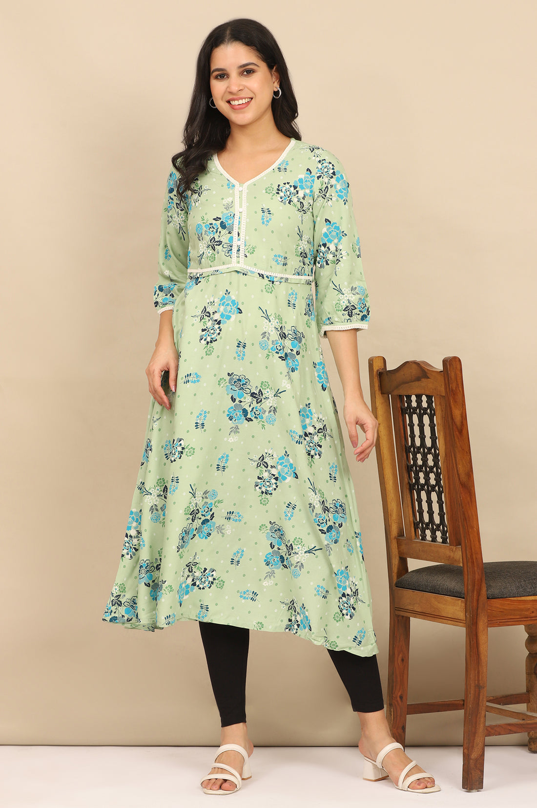 Green Floral Printed Circular LIVA Kurta and Leggings Set