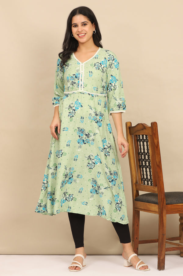 Green Floral Printed Circular LIVA Kurta and Leggings Set