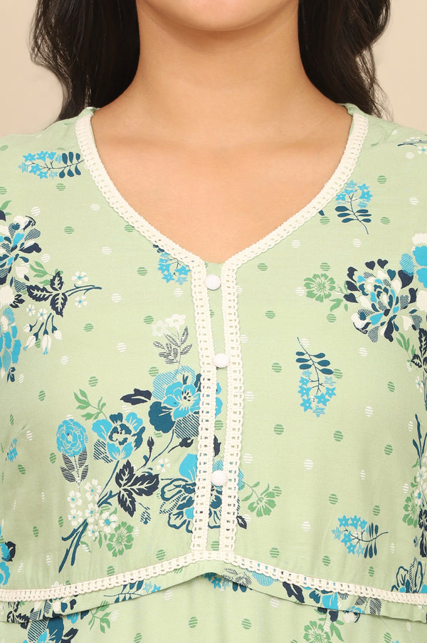 Green Floral Printed Circular LIVA Kurta and Leggings Set