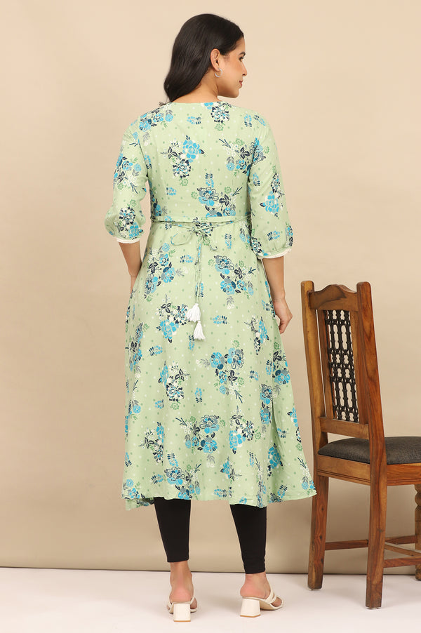 Green Floral Printed Circular LIVA Kurta and Leggings Set