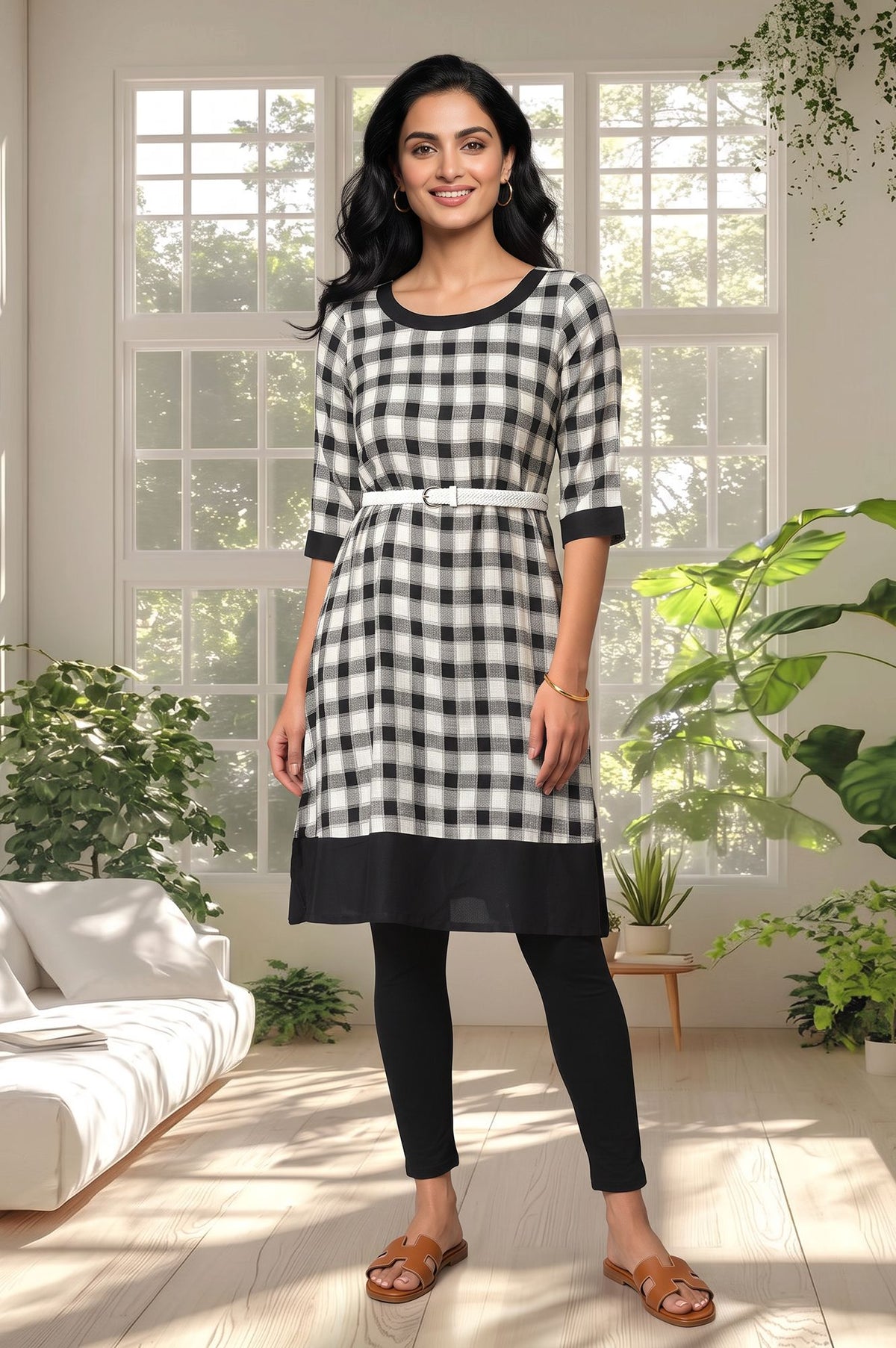 Black Checkered Printed Rayon Straight Kurta with Tights Set - XS