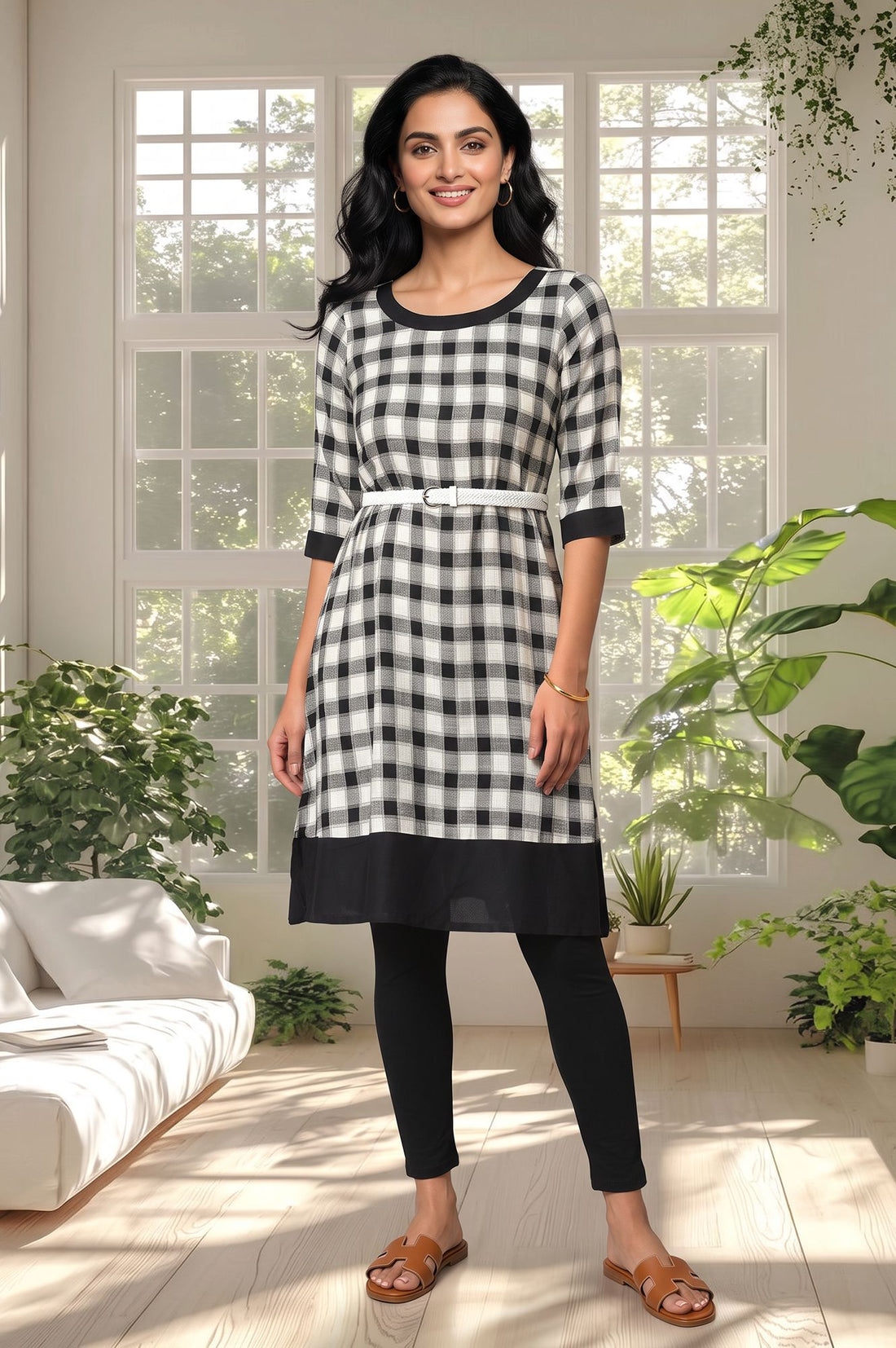 Black Checkered Printed Rayon Straight Kurta with Tights Set