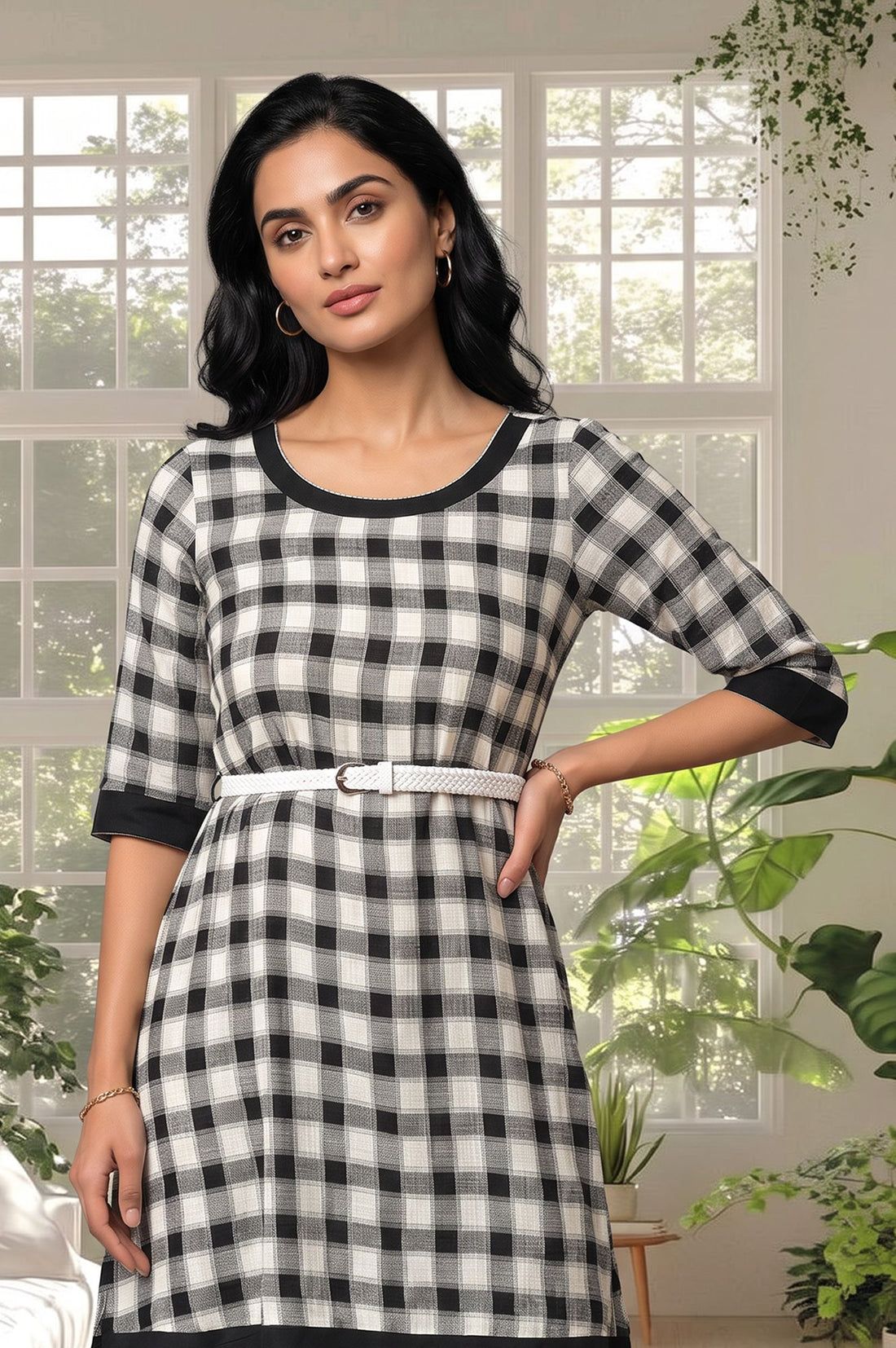 Black Checkered Printed Rayon Straight Kurta with Tights Set