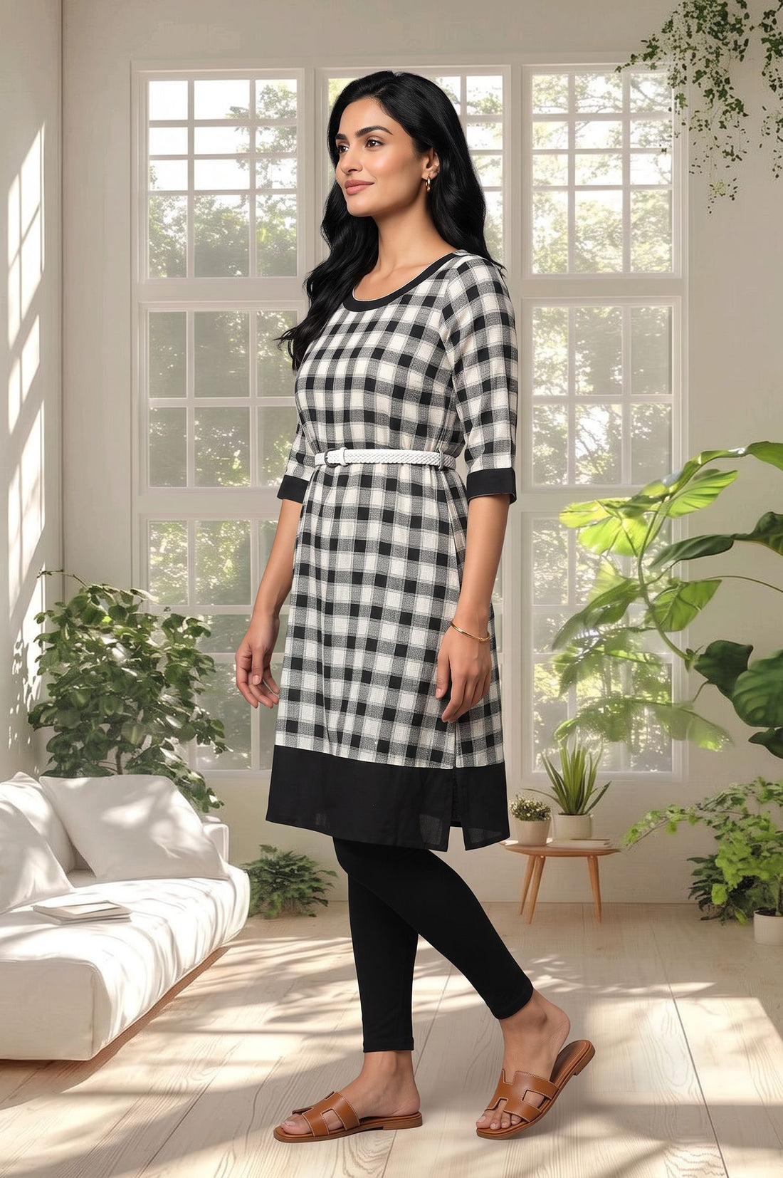 Black Checkered Printed Rayon Straight Kurta with Tights Set