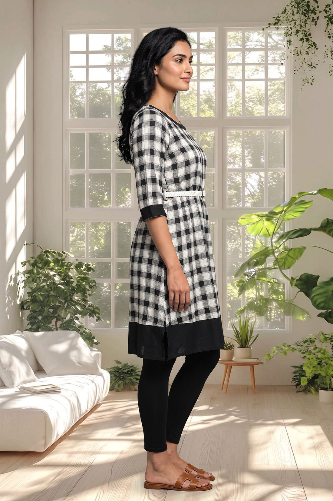 Black Checkered Printed Rayon Straight Kurta with Tights Set