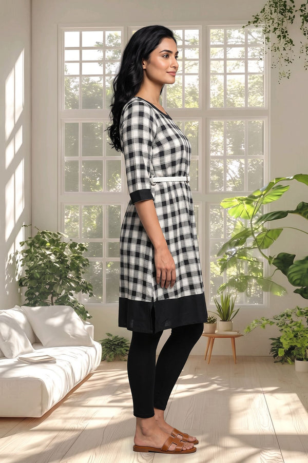 Black Checkered Printed Rayon Straight Kurta with Tights Set