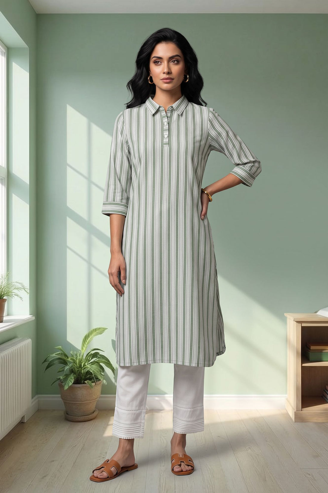 Green Yarn Dyed Striped Cotton Rayon Straight Kurta with Trousers Set
