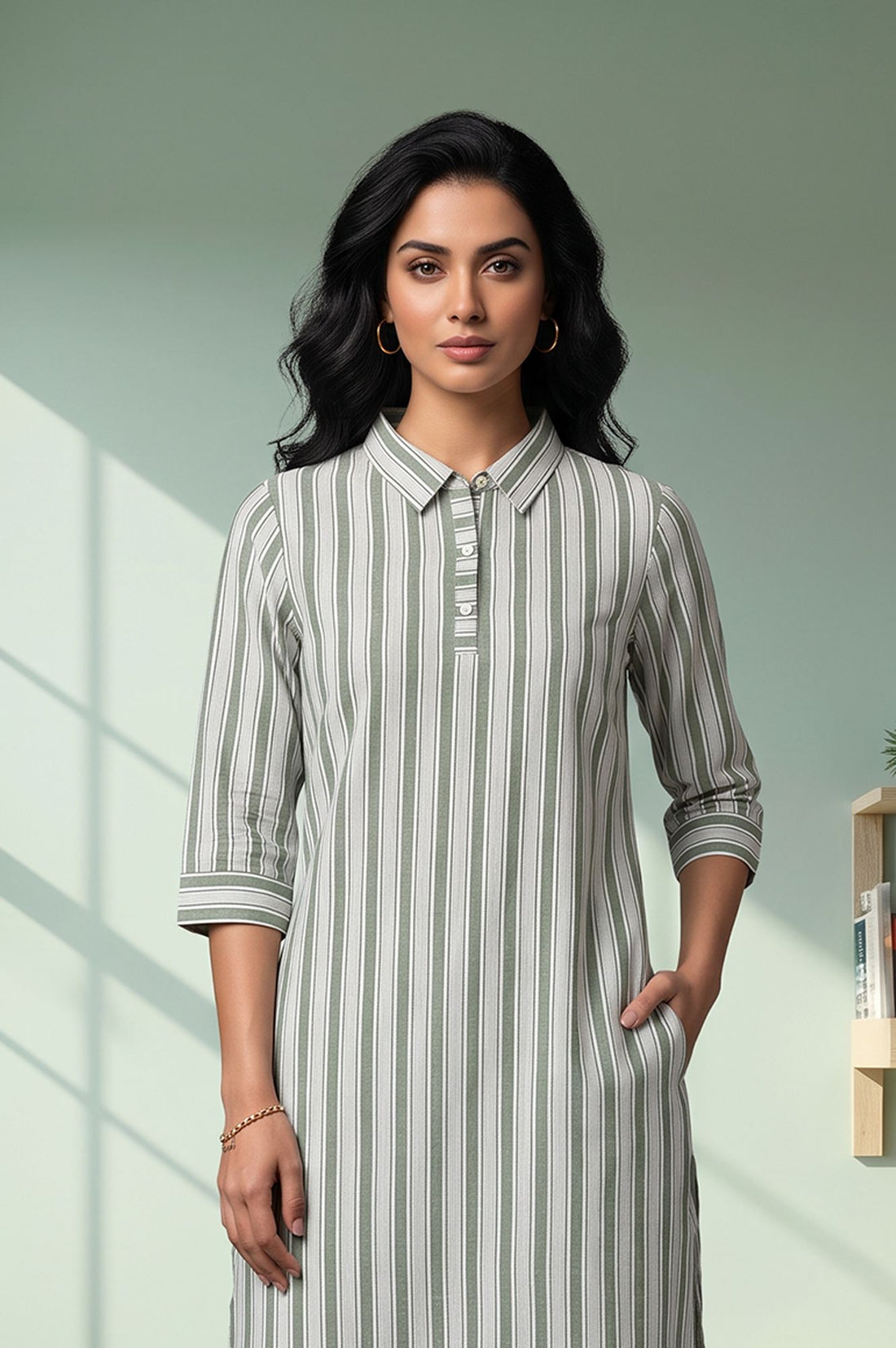 Green Yarn Dyed Striped Cotton Rayon Straight Kurta with Trousers Set