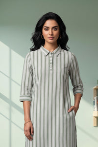 Green Yarn Dyed Striped Cotton Rayon Straight Kurta with Trousers Set