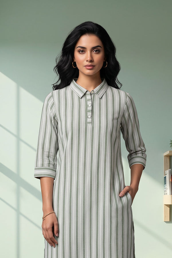 Green Yarn Dyed Striped Cotton Rayon Straight Kurta with Trousers Set