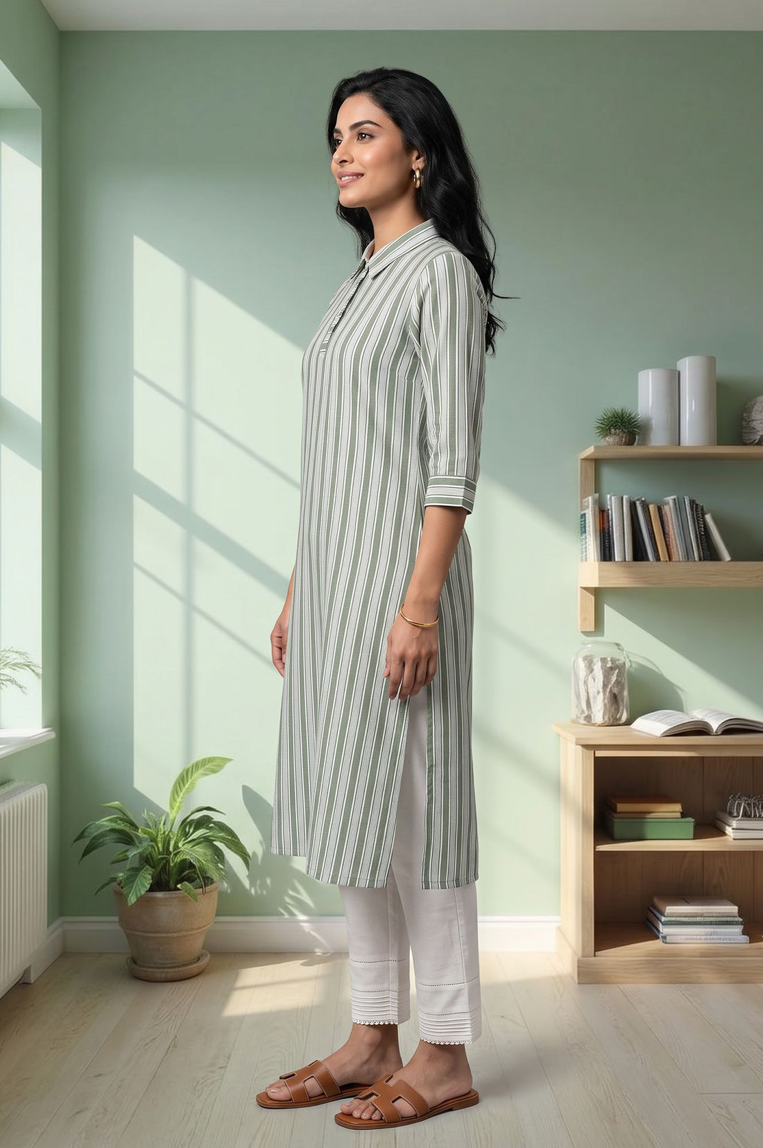 Green Yarn Dyed Striped Cotton Rayon Straight Kurta with Trousers Set