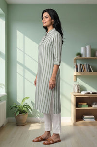 Green Yarn Dyed Striped Cotton Rayon Straight Kurta with Trousers Set