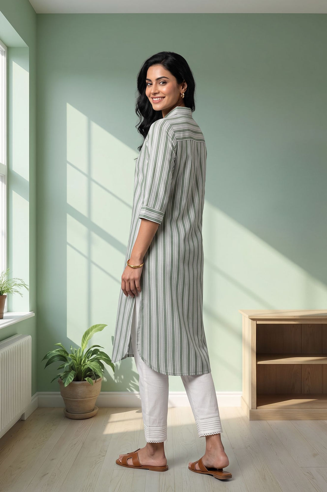 Green Yarn Dyed Striped Cotton Rayon Straight Kurta with Trousers Set