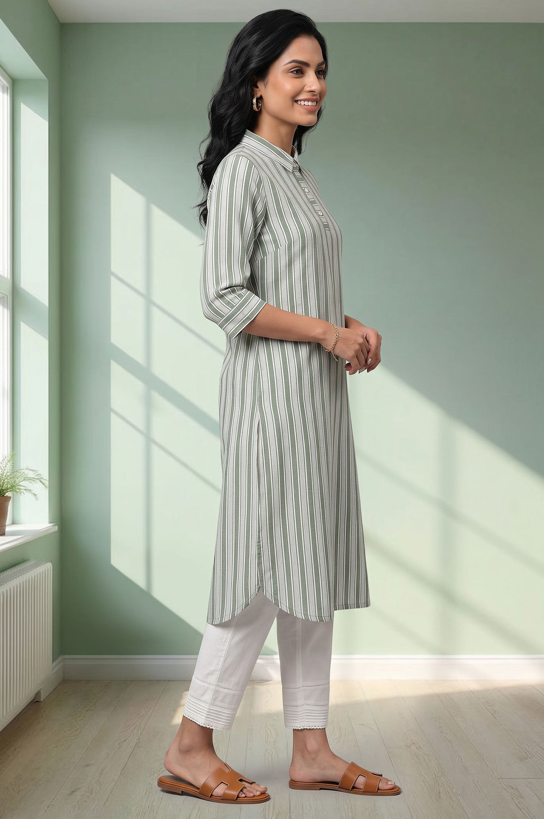 Green Yarn Dyed Striped Cotton Rayon Straight Kurta with Trousers Set