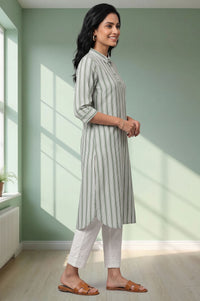 Green Yarn Dyed Striped Cotton Rayon Straight Kurta with Trousers Set