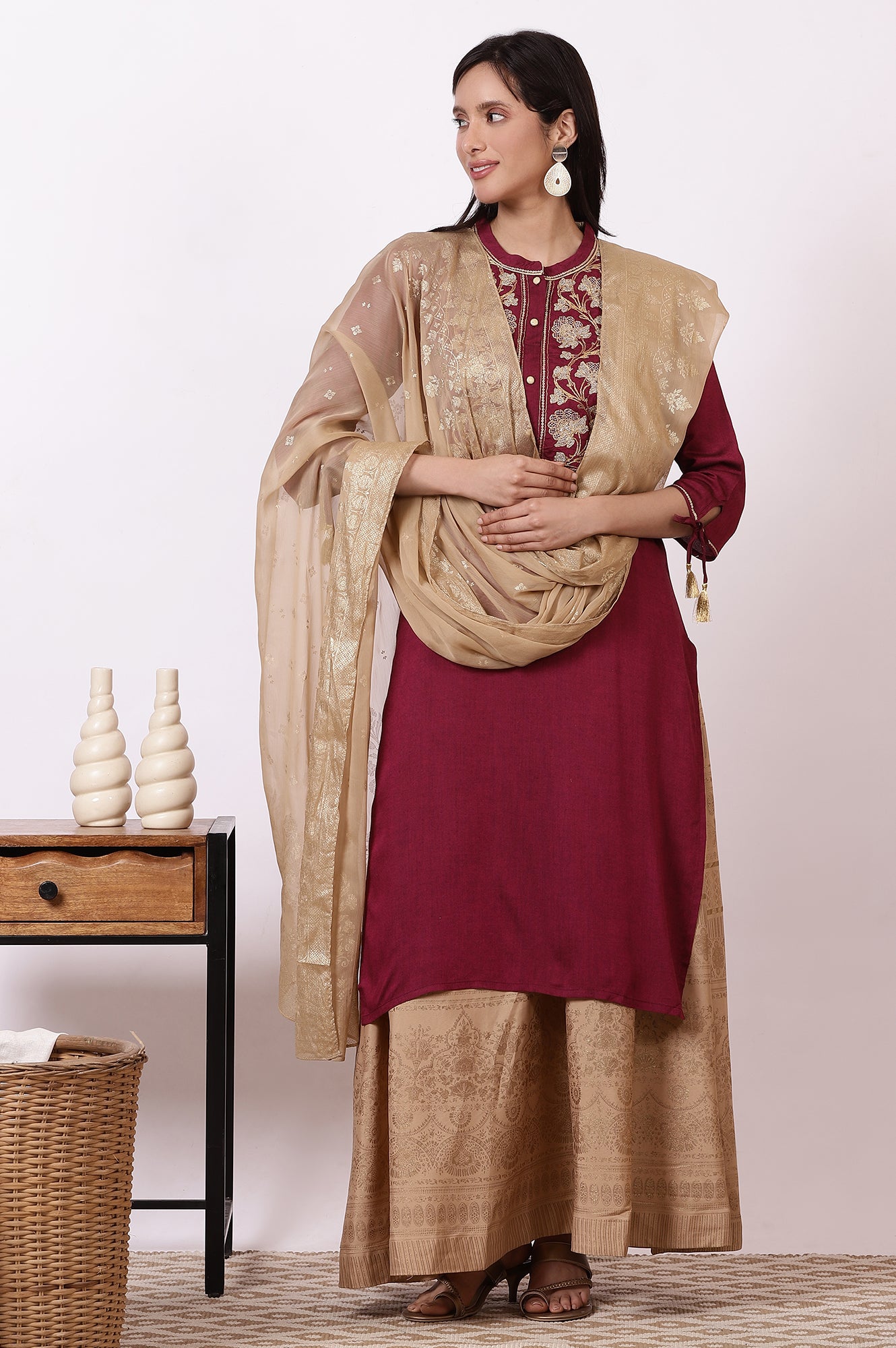 Dark Pink Zari Embroidered Straight Kurta, Flared Skirt and Dupatta Set