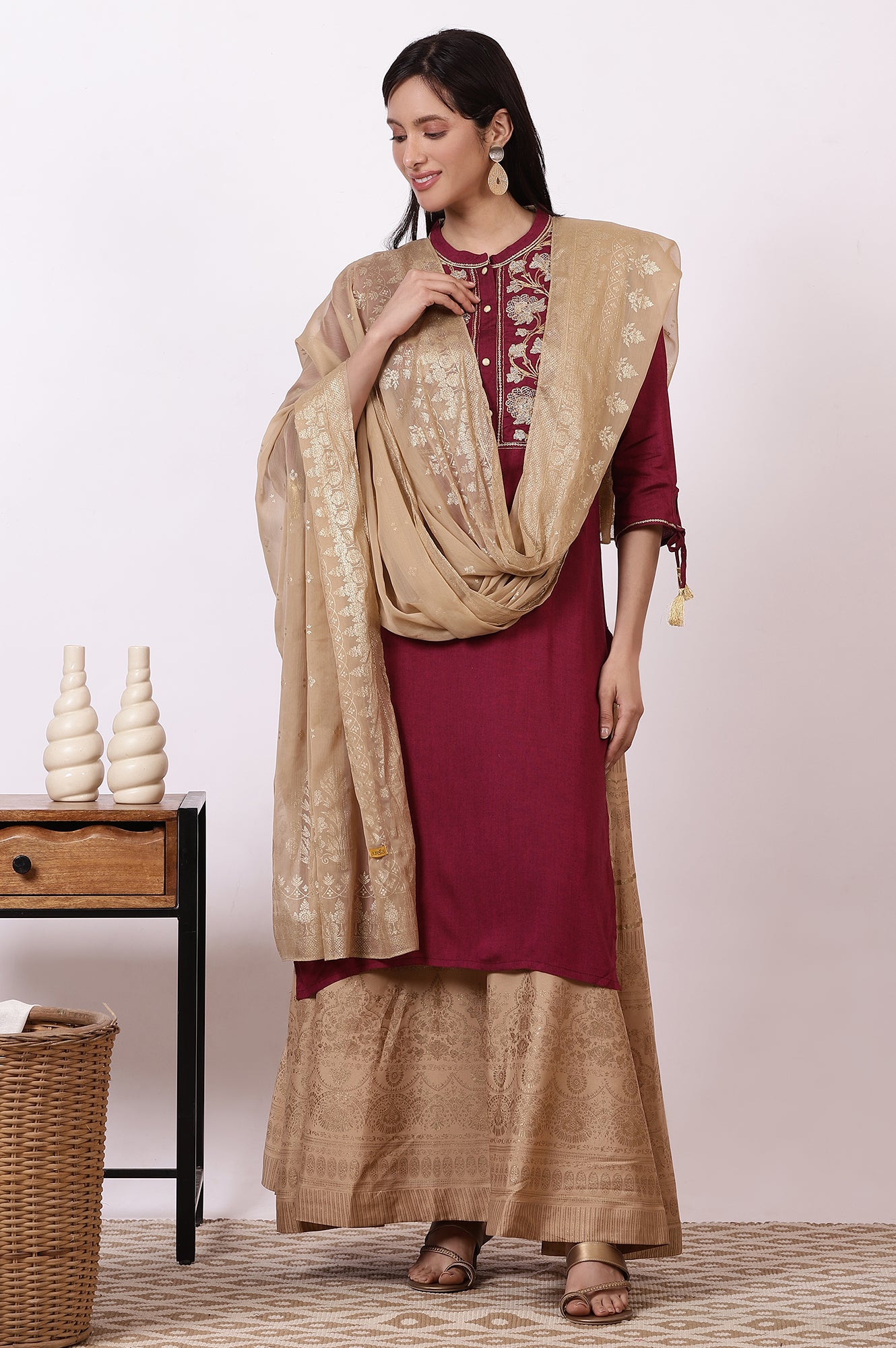 Dark Pink Zari Embroidered Straight Kurta, Flared Skirt and Dupatta Set