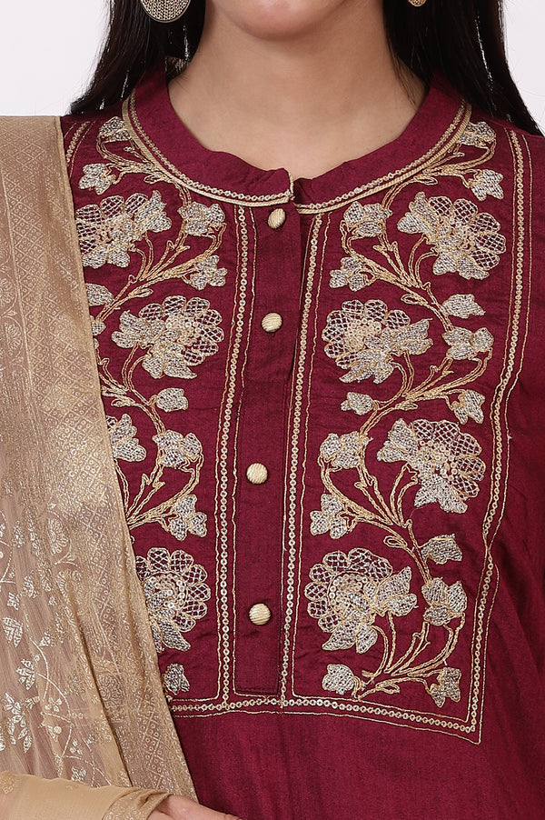 Dark Pink Zari Embroidered Straight Kurta, Flared Skirt and Dupatta Set