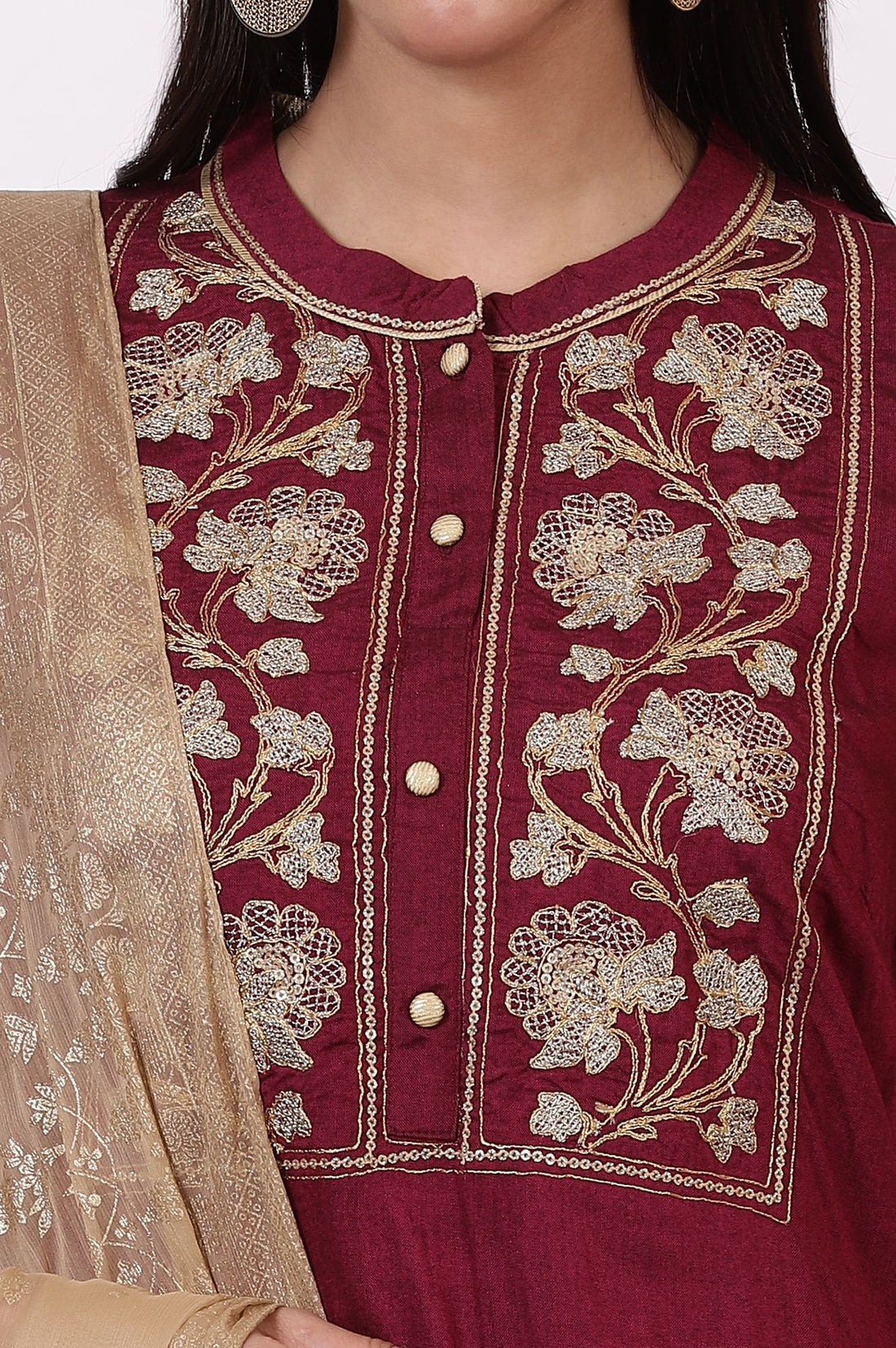 Maroon Zari Embroidered Straight Kurta with Tights