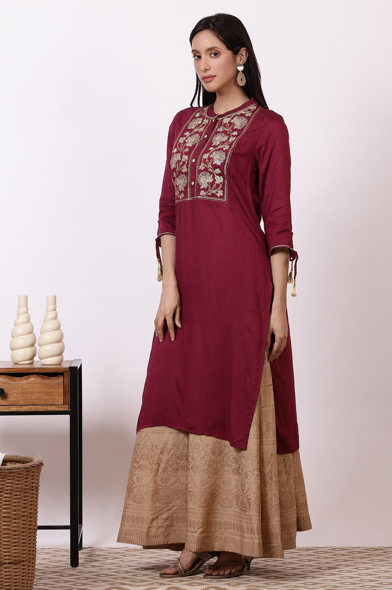 Dark Pink Zari Embroidered Straight Kurta, Flared Skirt and Dupatta Set