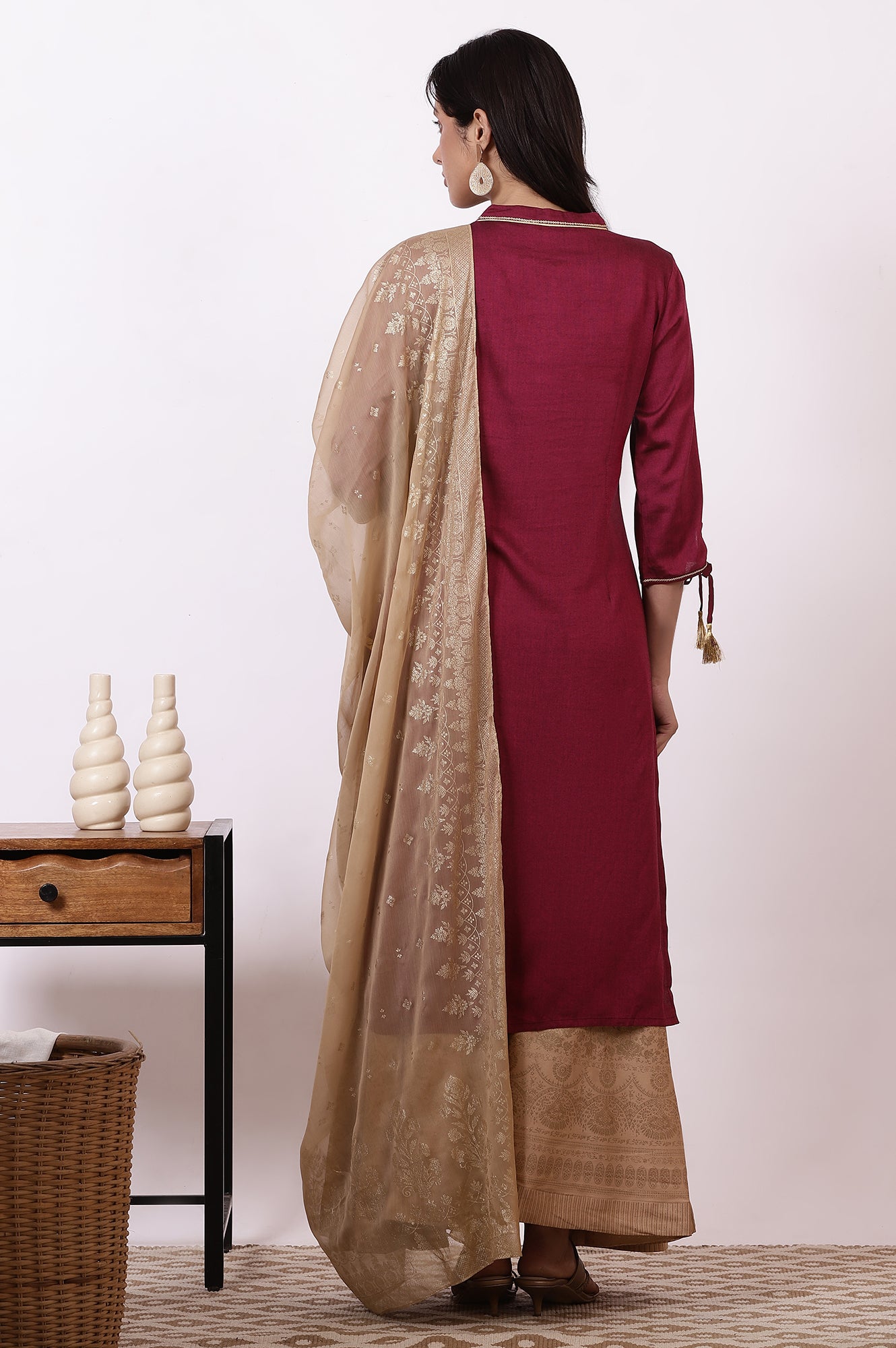 Dark Pink Zari Embroidered Straight Kurta, Flared Skirt and Dupatta Set