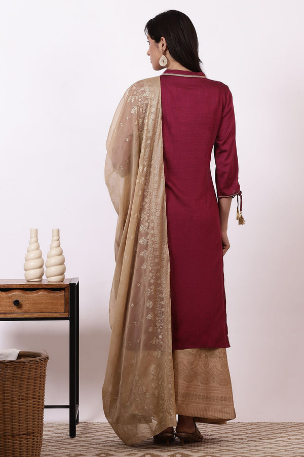 Maroon Zari Embroidered Straight Kurta with Tights