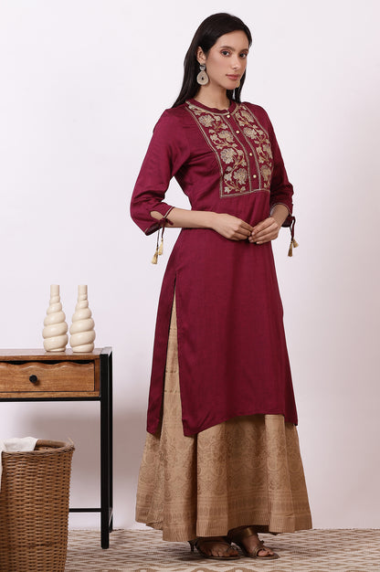 Dark Pink Zari Embroidered Straight Kurta, Flared Skirt and Dupatta Set