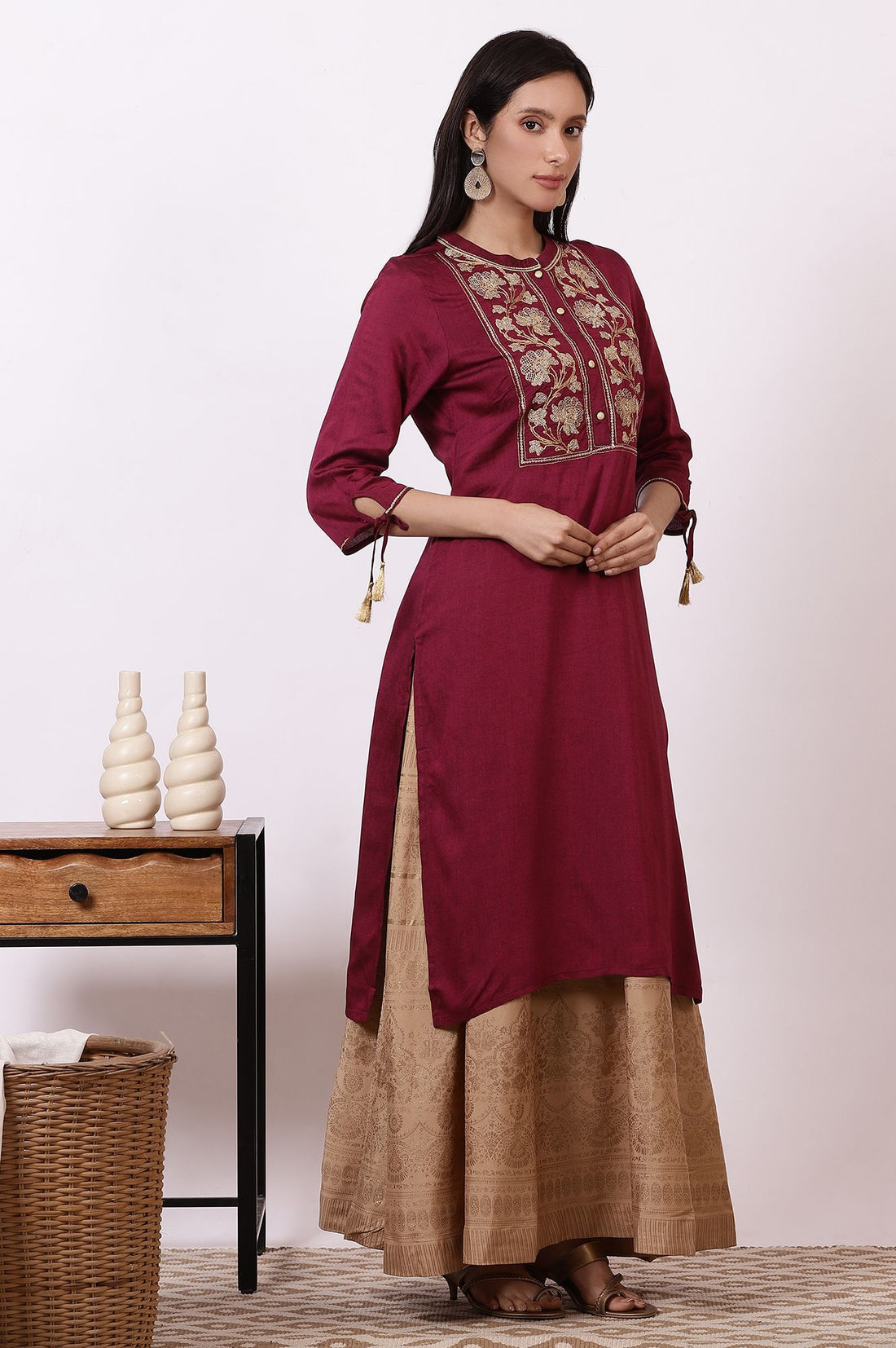 Maroon Zari Embroidered Straight Kurta with Tights